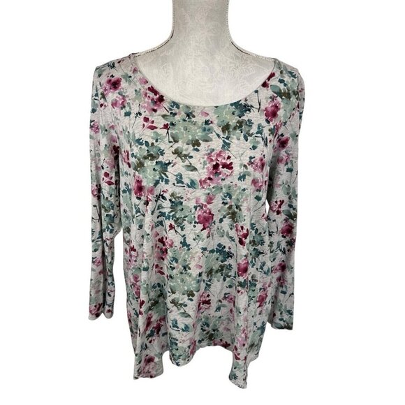 J. Jill Women's L Dipped Hem A-Line Tee Gray Floral - Picture 1 of 12